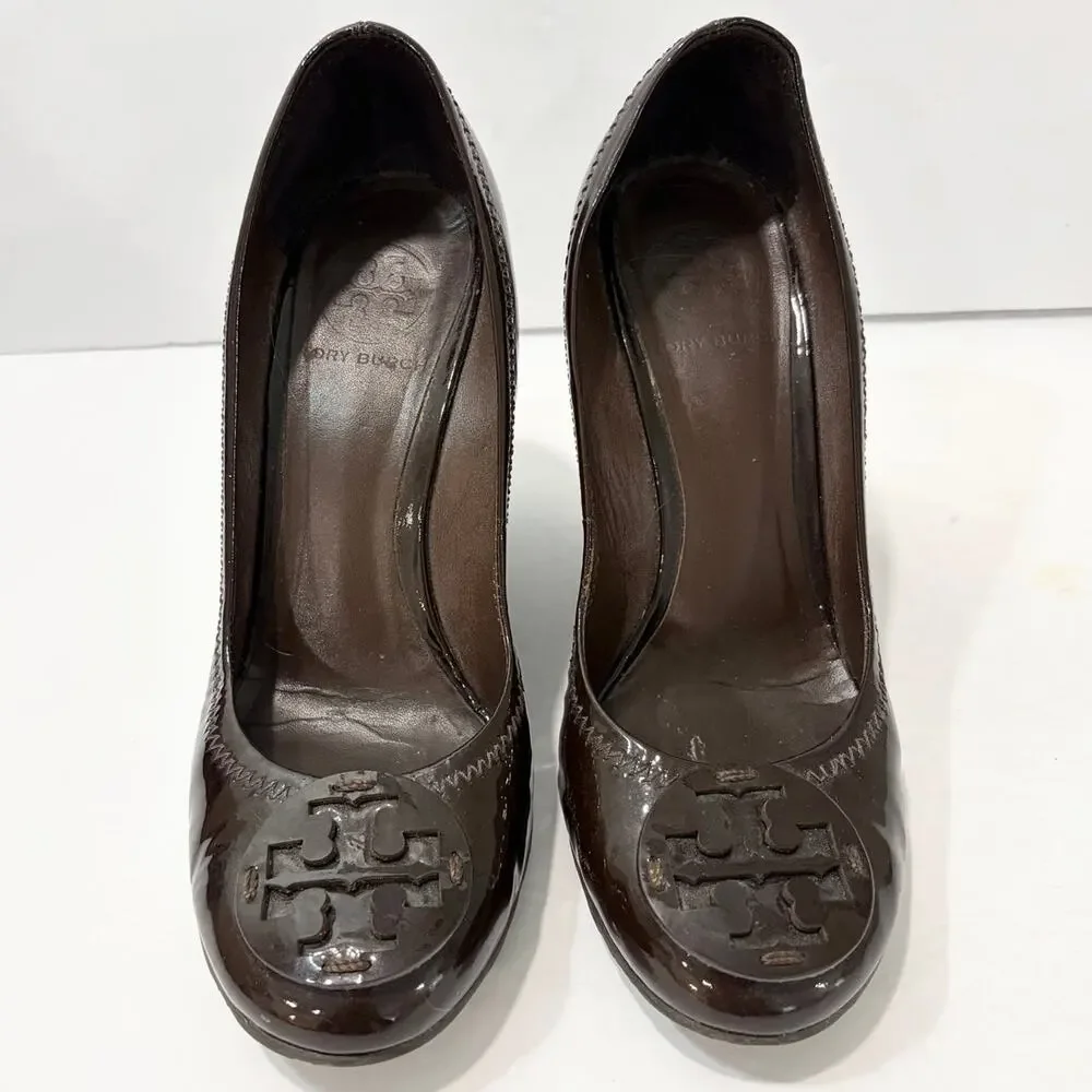 Tory Burch Brown Patent Leather Sally Wedge Pumps